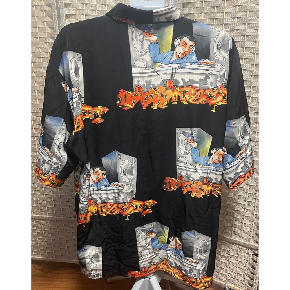 Up Rock Mens XL DJ Graffiti All Over Print Button Down Shirt Short Sleeve Black - Picture 3 of 7